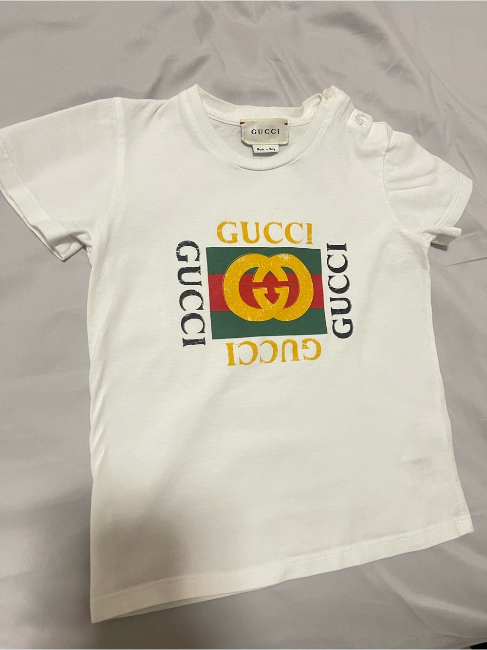 Gucci White Kids Logo Tee with Green & Red Stripe and Yellow Emblem